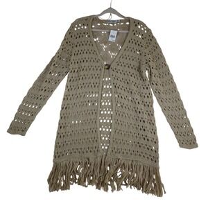 Retro Threads Cardigan Women's XXL Crochet Knit Beige Boho Hippie Fringe NWT